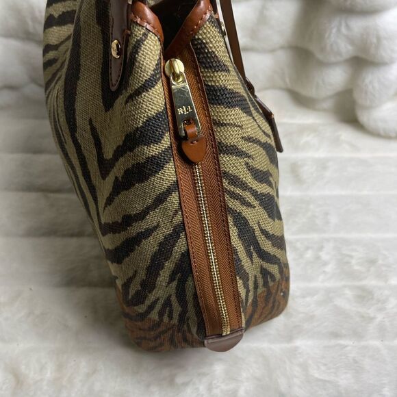 Lauren Ralph Lauren Brown & khaki burlap zebra prints  shoulder bag . - Picture 5 of 16